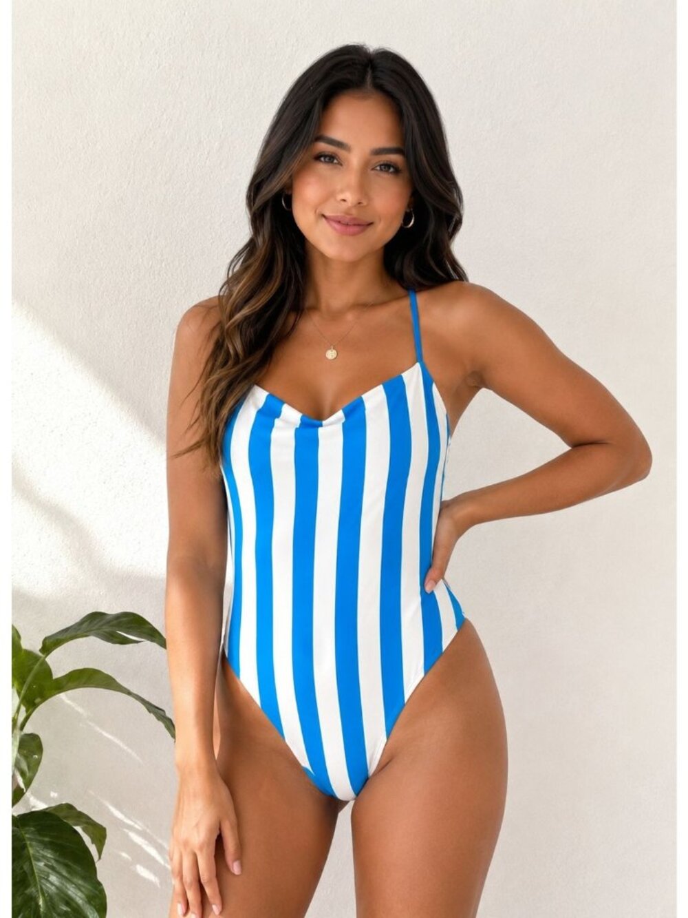 Shade & Shore NWT Blue White Striped Swimsuit Thin Strap Coastal M